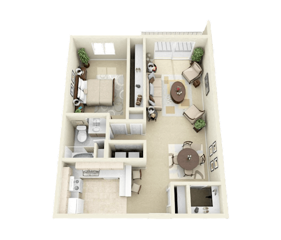 A 3D floor plan of a house with two bedrooms, a living room, a kitchen, and a bathroom.