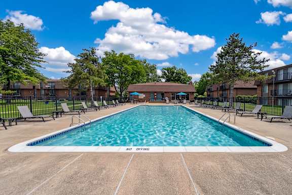 Heated pool and sundeck at Drawbridge Apartments in Harrison Township, MI.