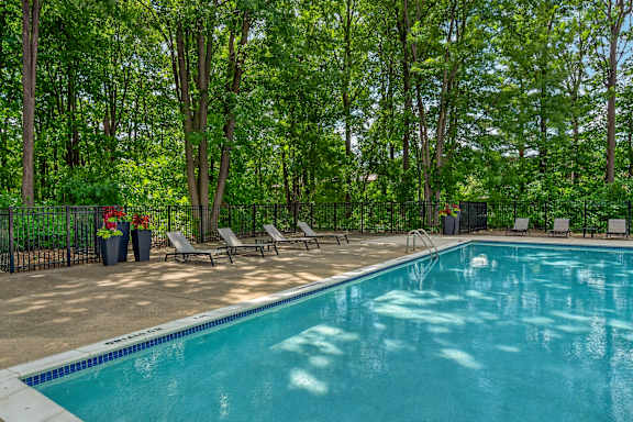 A pool surrounded by trees and lounge chairs.