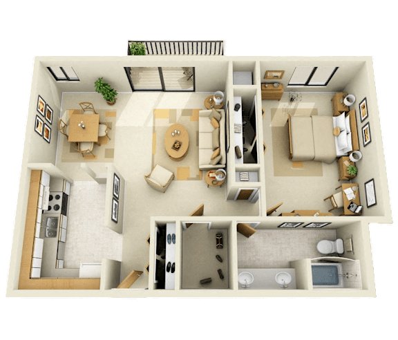 A 3D floor plan of a house showing a kitchen, living room, dining room, and bedrooms.
