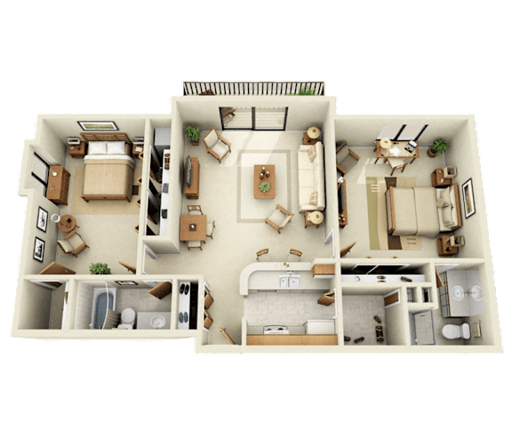 2B2B Floor Plan at Franklin River Apartments, Southfield, MI