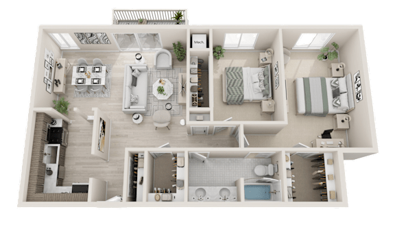 2B1 Floor Plan at Franklin River Apartments, Southfield, MI