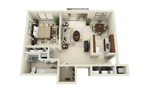 A 3D rendered image of a house layout.