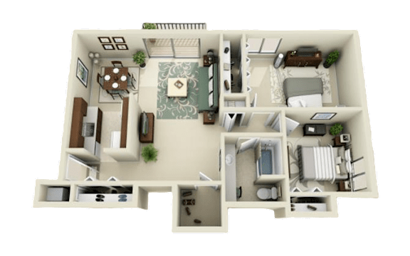 A 3D floor plan of a house with a living room, kitchen, and bedrooms.