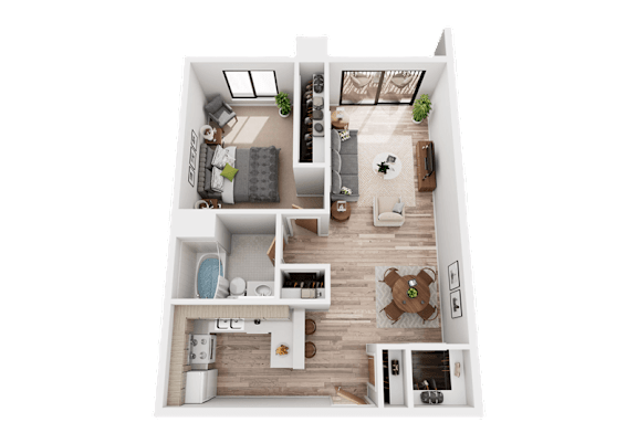 Floor Plan  A 3D floor plan of a small apartment with a kitchen, living room, and bedroom.