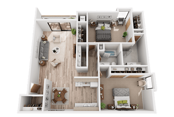 A 3D floor plan of a house with a kitchen, living room, and bedrooms.