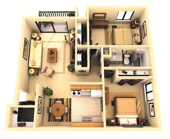 A 3D floor plan of a small apartment with a kitchen, living room, and bedroom.