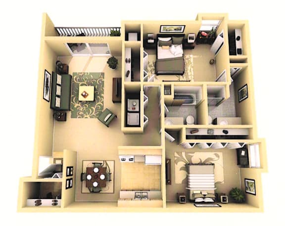 A 3D floor plan of a house with multiple rooms and furniture.