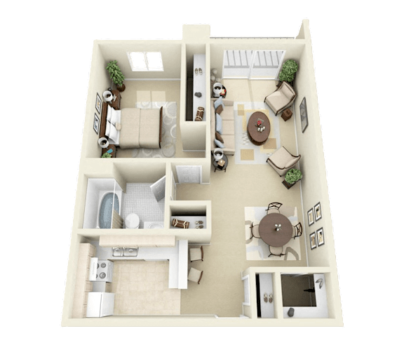 A 3D floor plan of a house showing a living room, kitchen, dining room, and two bedrooms.
