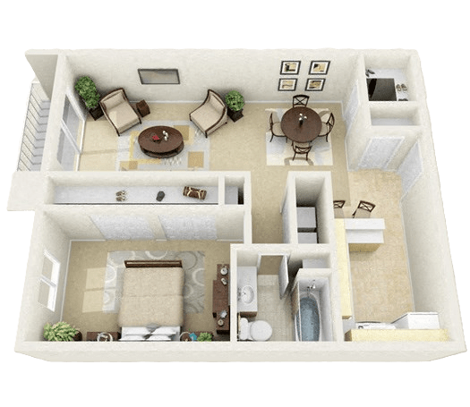 A 3D model of a house with a living room, dining room, kitchen, and bathroom.