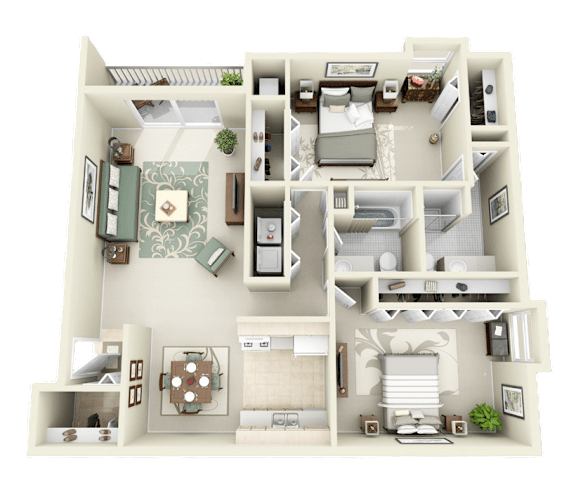 A 3D rendered image of a house layout with multiple rooms.