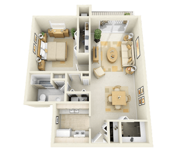 A 3D floor plan of a house with a living room, kitchen, dining room, and bedrooms.