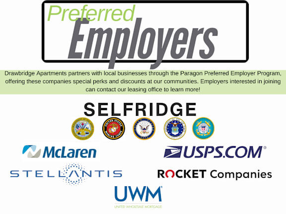 A poster advertising preferred employers for Drawbridge Apartments.