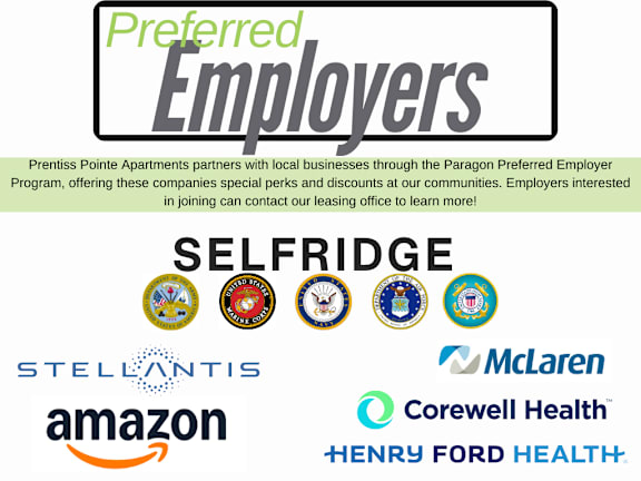 A poster advertising preferred employers for Prentiss Pointe Apartments.