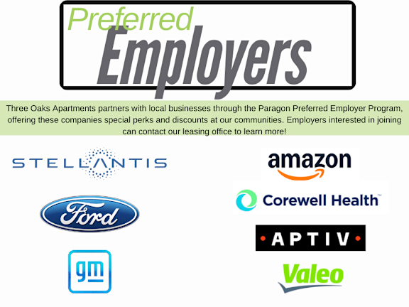 A poster advertising preferred employers of three oaks apartments.