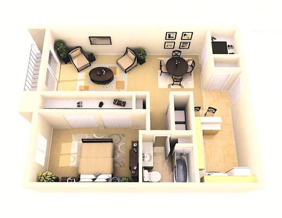 Floor Plan  A top down view of a living room with a dining area and kitchen.