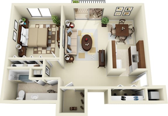 A 3D floor plan of a house showing a living room, kitchen, dining room, and bedrooms.