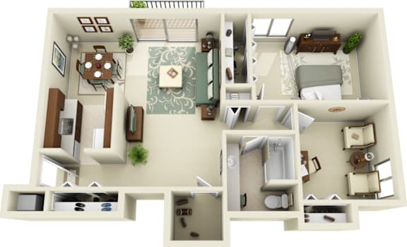 A 3D floor plan of a house with a living room, kitchen, dining room, and bedrooms.