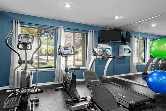 Updated 24-hour fitness center at Three Oaks Apartments in Troy, MI.