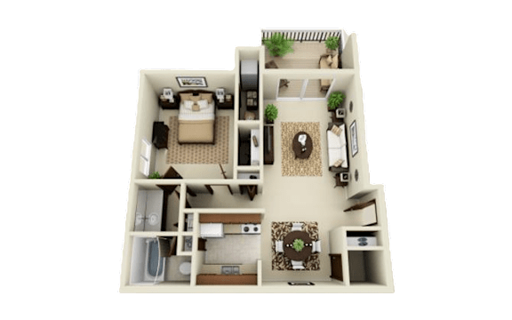 A 3D floor plan of a house with two bedrooms, a living room, a kitchen, and a bathroom.
