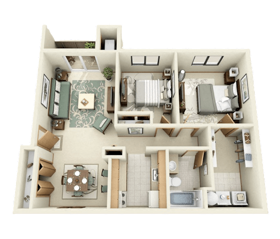 A detailed 3D floor plan of a house layout.