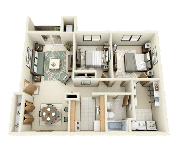 A 3D floor plan of a house showing a kitchen, living room, dining room, and bedrooms.