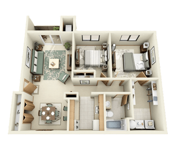 A 3D rendered image of a house layout.