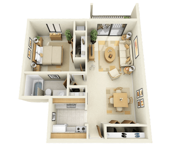 A 3D floor plan of a house showing a living room, kitchen, dining room, and bedrooms.