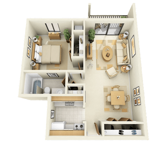 A 3D rendered image of a house layout.