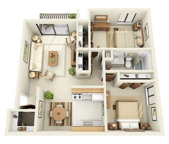 A detailed 3D floor plan of a house showing all rooms and their furnishings.