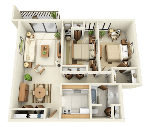 A 3D floor plan of a house showing a kitchen, living room, dining room, and bathroom.