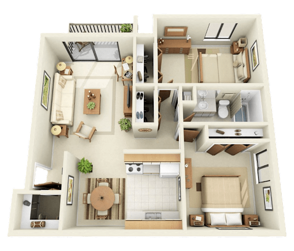 A detailed 3D floor plan of a two-bedroom apartment.