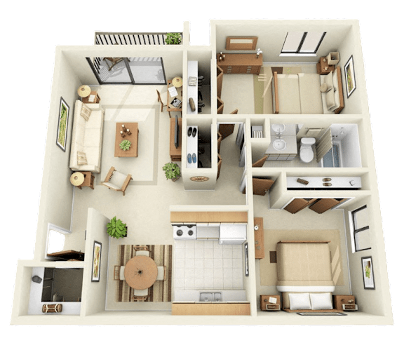 A detailed 3D floor plan of a house showing all rooms and their furnishings.