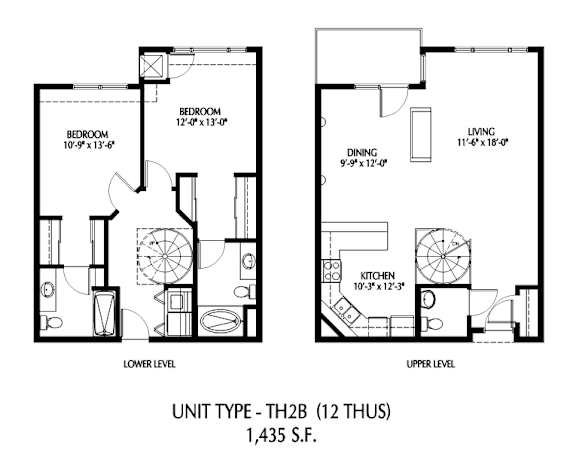 A floor plan for a 12th floor apartment with a living room, two bedrooms, a dining room, and a kitchen.