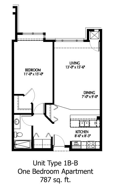 Bluffs one bedroom floor plan at The Bluffs at Nine Mile Creek, Eden Prairie, MN, 55344
