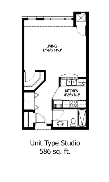 Bluffs studio floor plan image at The Bluffs at Nine Mile Creek, Eden Prairie, MN