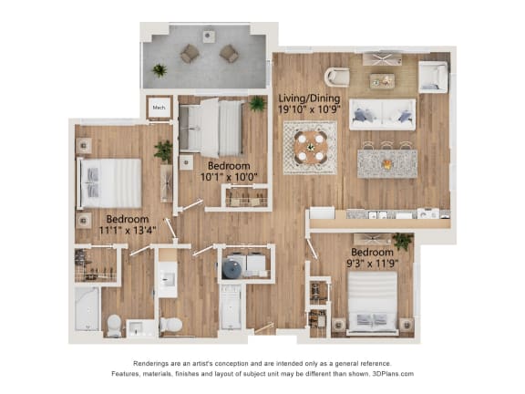 3 Bed Type A Floor Plan at 67 Flats, Arizona, 85301