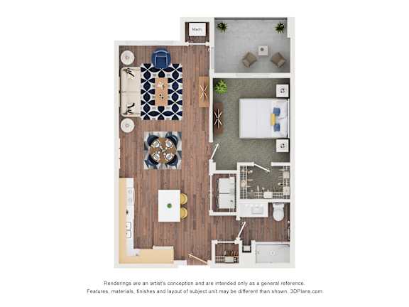 A floor plan of a house with a kitchen, living room, and bathroom.