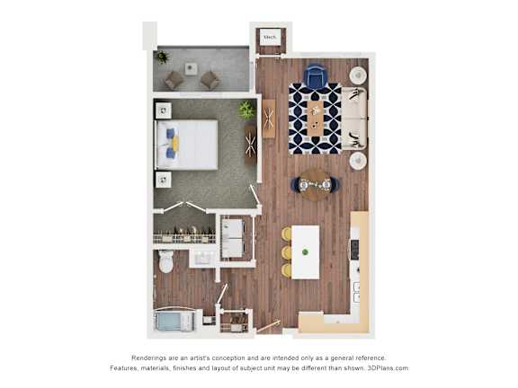 A 3D floor plan of a small apartment with a kitchen, living room, and bathroom.