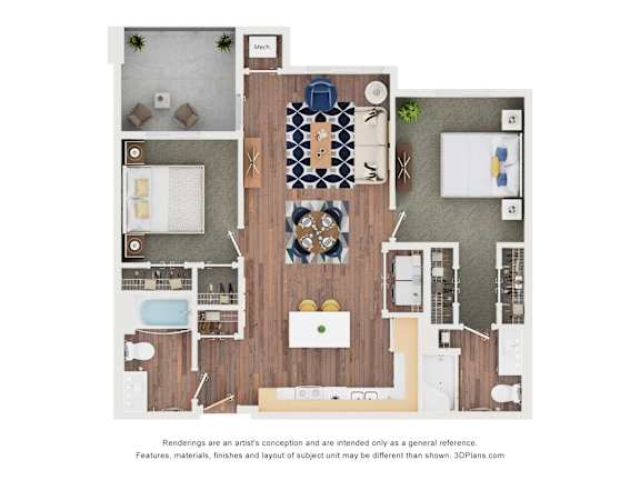 A floor plan of a house with a kitchen, living room, dining room, and bathrooms.