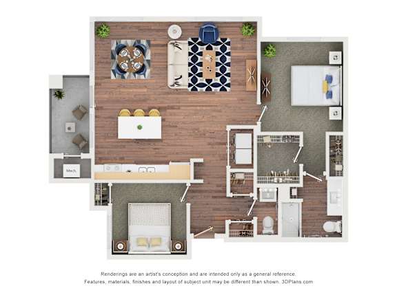 A 3D floor plan of a house with a kitchen, living room, and bathroom.