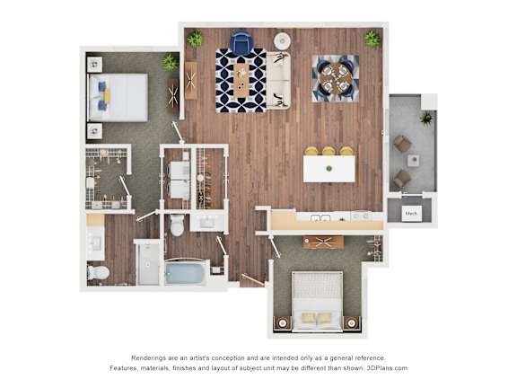 A 3D floor plan of a house with a kitchen, living room, and bathroom.