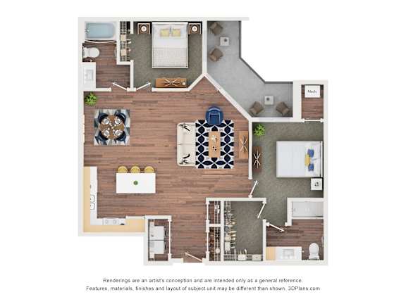 A floor plan of a house with a kitchen, living room, dining room, and bedrooms.