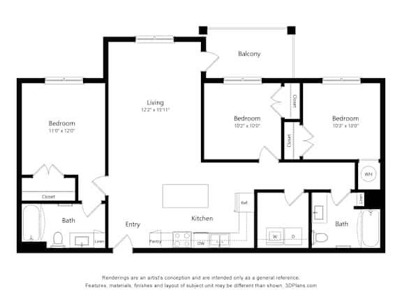 3B2B Floor Plan at Anson Crossing Apartments, Texas, 78656
