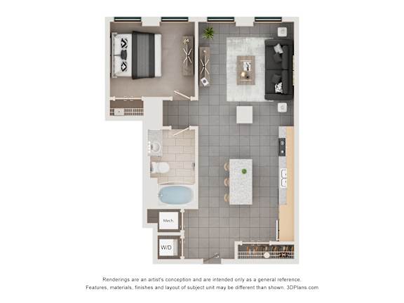 Floor Plan  A floor plan of a small apartment with a kitchen, living room, and bathroom.