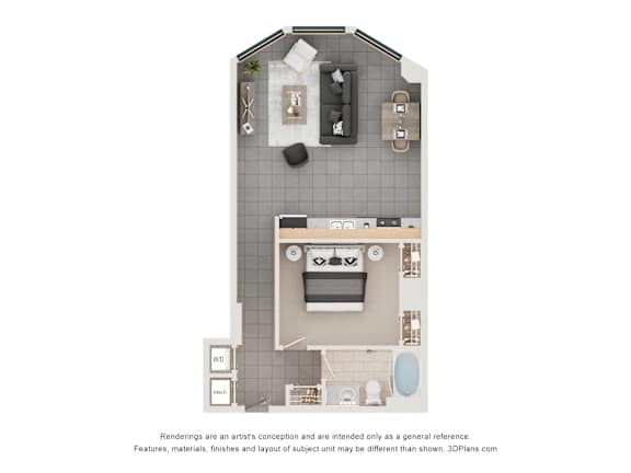 A floor plan of a small apartment with a kitchen, living room, and bathroom.