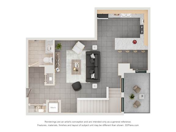 A floor plan of a small apartment with a kitchen, living room, and bathroom.