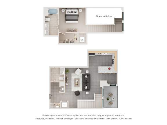 Floor Plan  A floor plan of a two-bedroom apartment with a kitchen, living room, and bathroom.