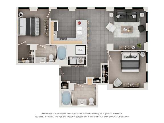 A floor plan of a house with a kitchen, living room, and bathrooms.