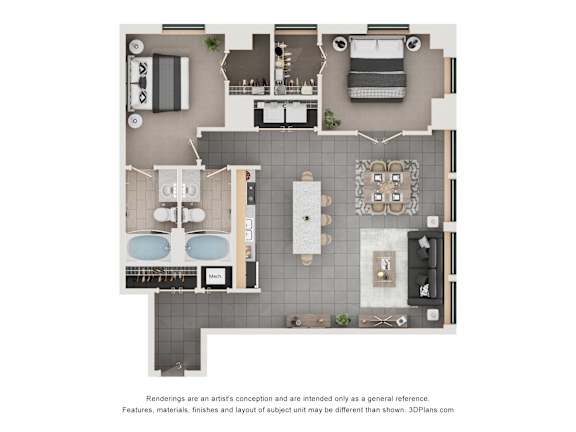 Floor Plan  A floor plan of a house with a kitchen, living room, dining room, and bathrooms.